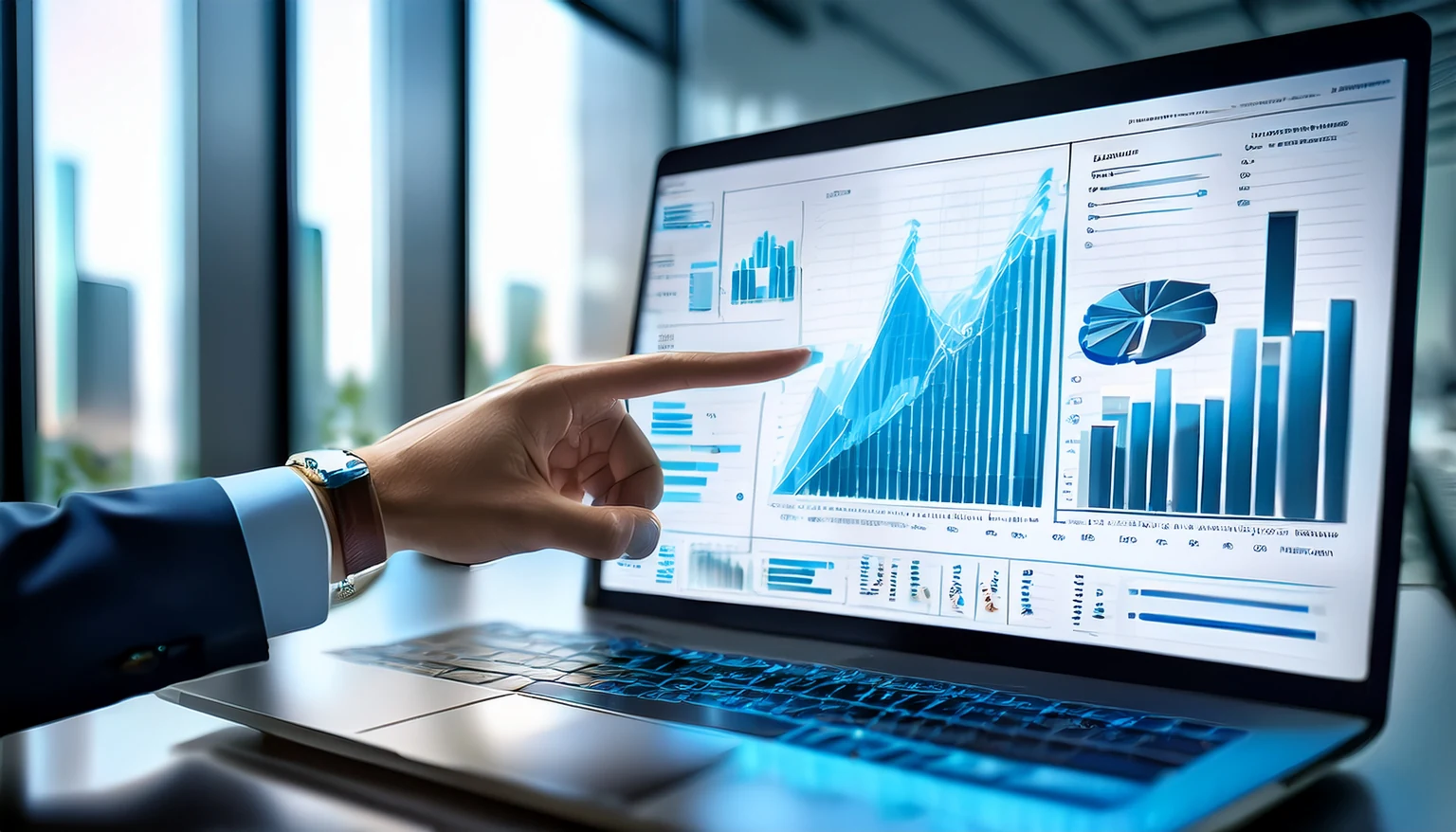 A business performance dashboard on a laptop being reviewed.