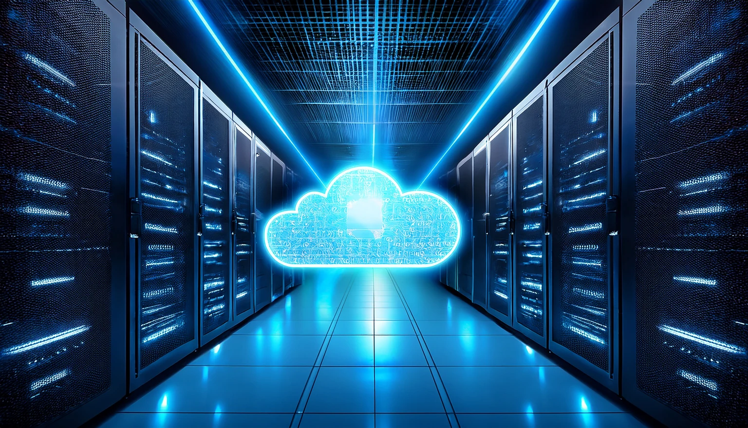 An illuminated digital cloud between server racks.