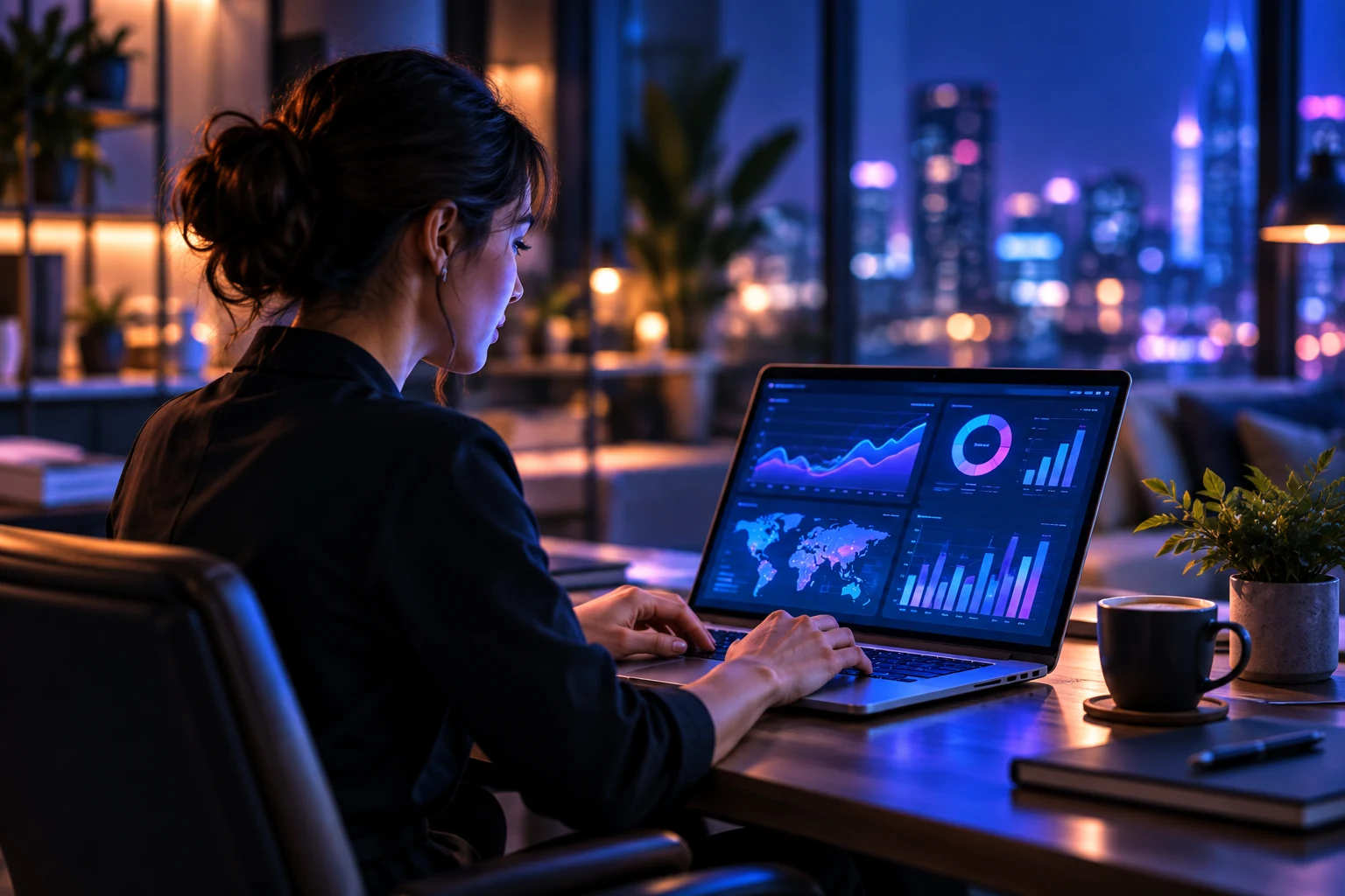 A laptop showing customer and business performance dashboards.