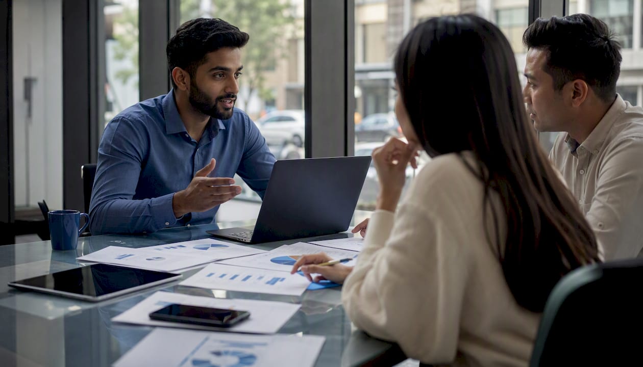 Team discussing managed client reporting solutions