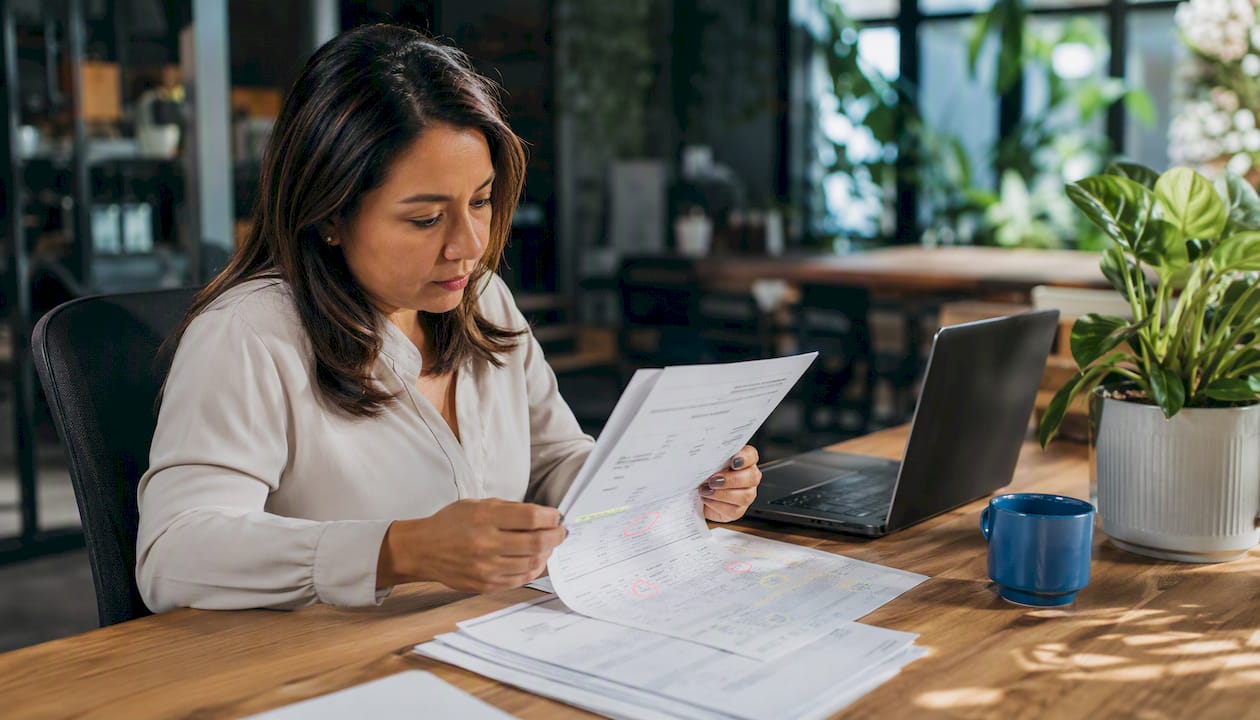 Hands organizing invoices for billing reminders