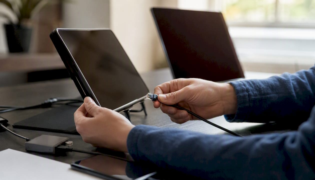 Hands connecting network cable between devices