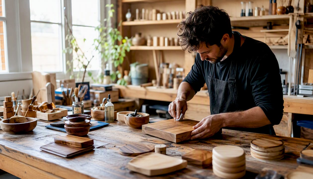 Handcrafted wooden products on table