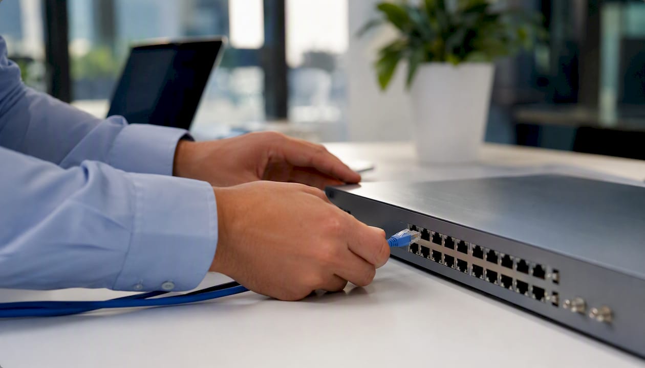 Hands plugging network cable into switch port