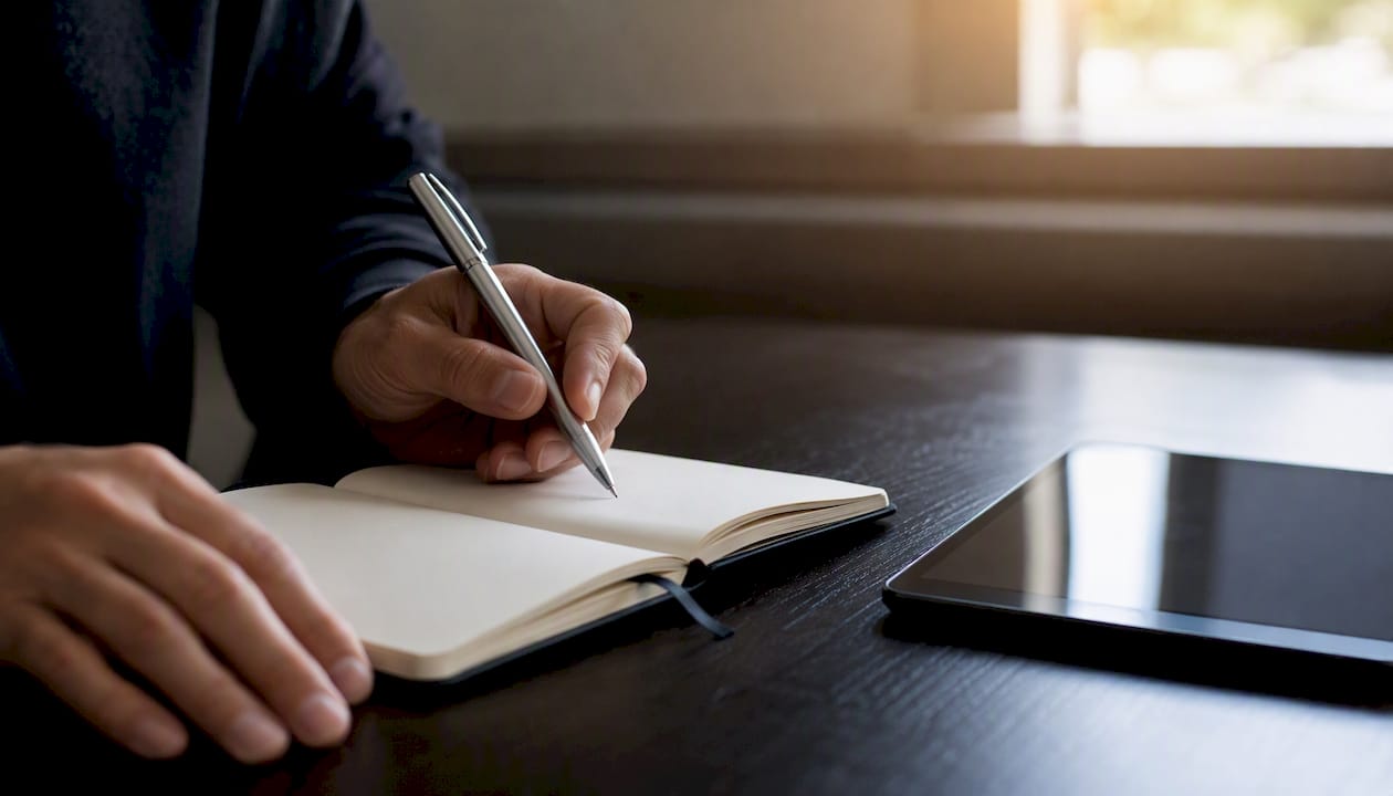 Hands writing call notes on blank page