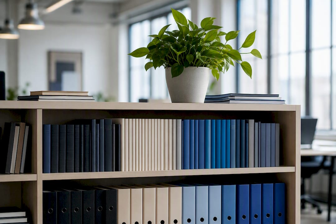 Office shelf with leadership books and binders