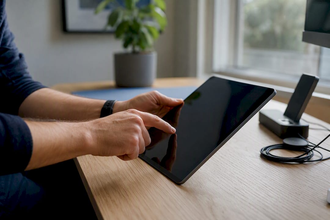 Hands tapping smartphone on tech workspace