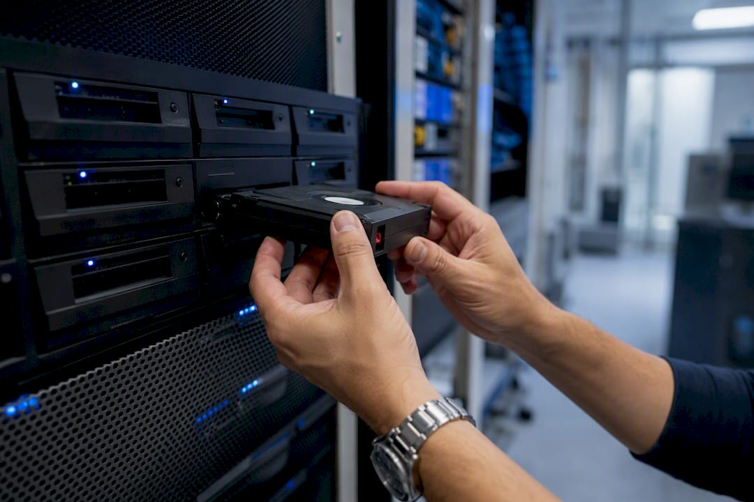 Hands handling backup storage cartridge