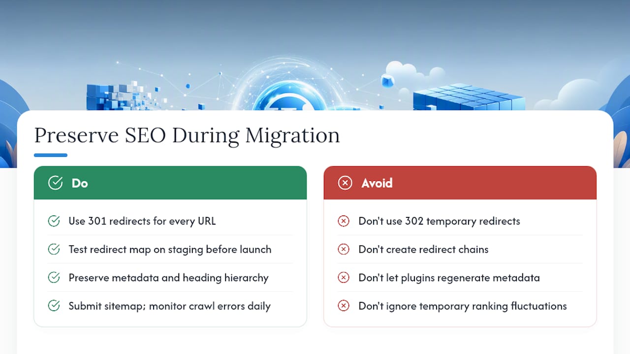 How do you preserve SEO rankings during a WordPress migration? — overview diagram