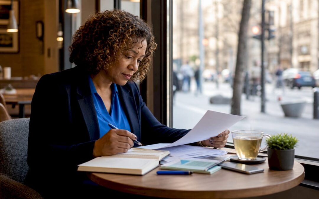Professional reviewing managed services documents at desk