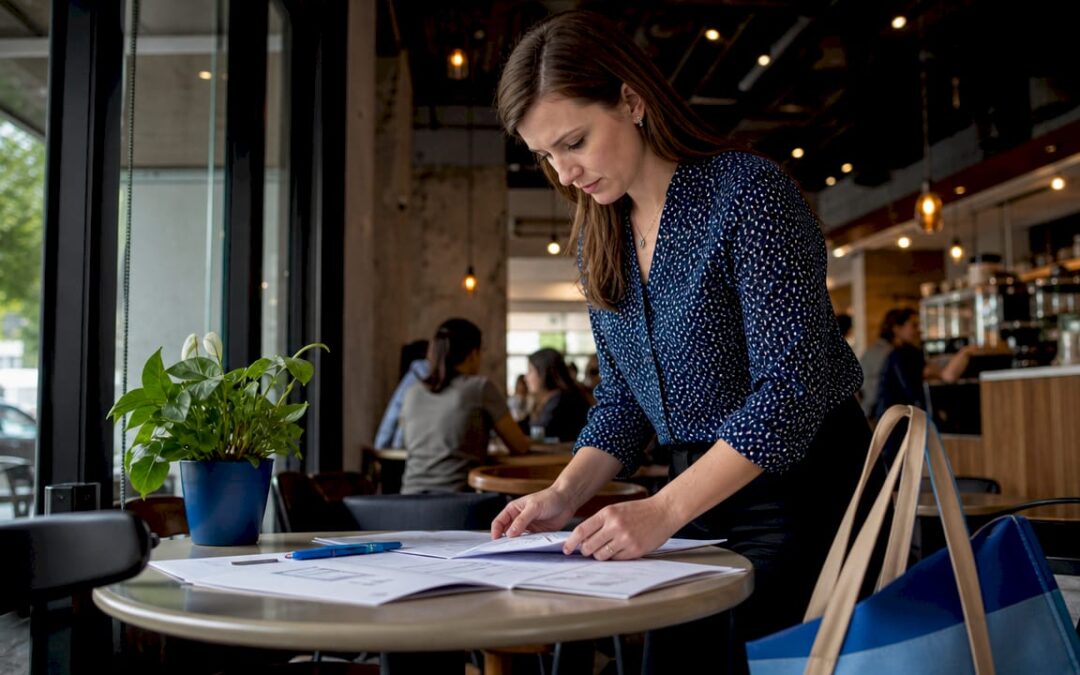 Project manager reviewing website redesign briefs at desk