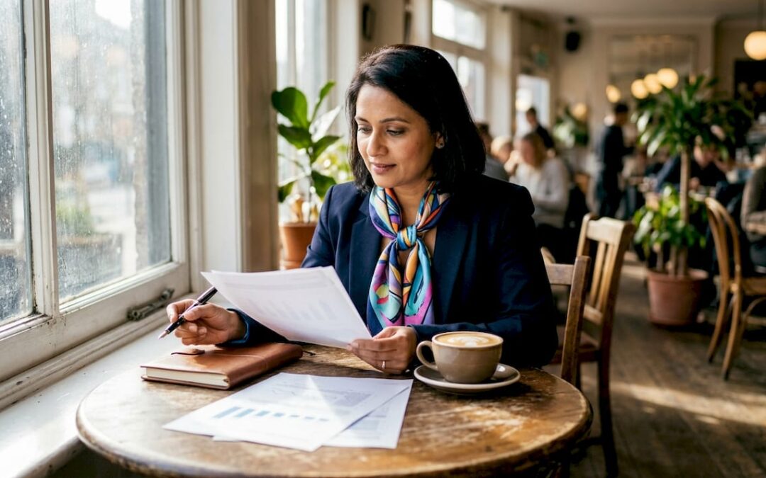 Businesswoman reviewing digital integration reports