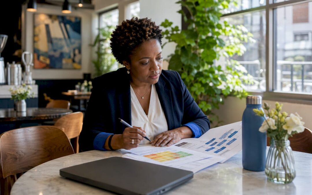 Woman analyzing requirements documents in conference room