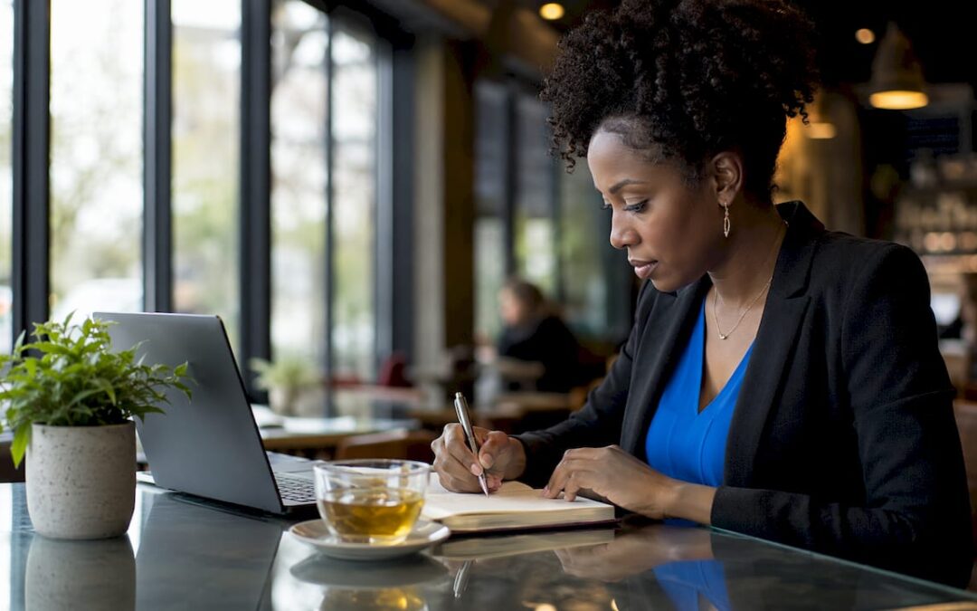 Businesswoman reviewing website growth strategy documents