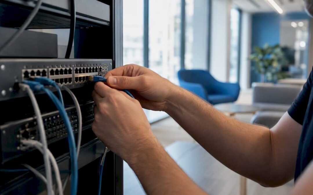 Hands plugging Ethernet cable into switch