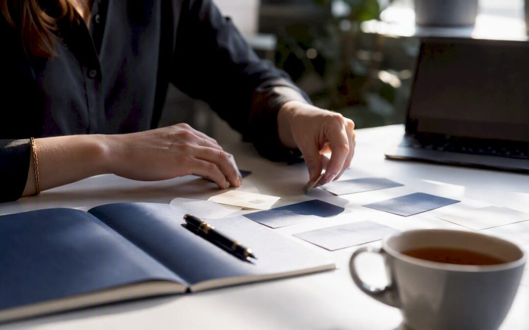 Hands sorting client profile cards on desk