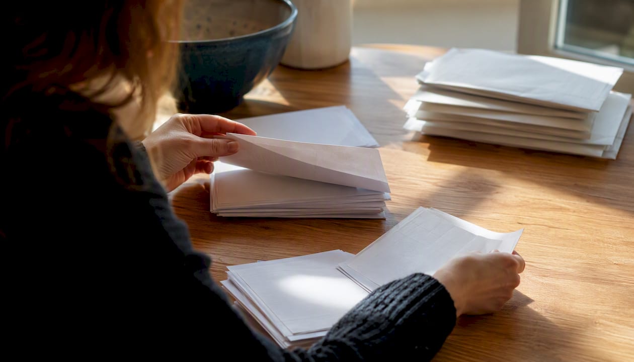 Hands sorting international shipping labels and customs forms