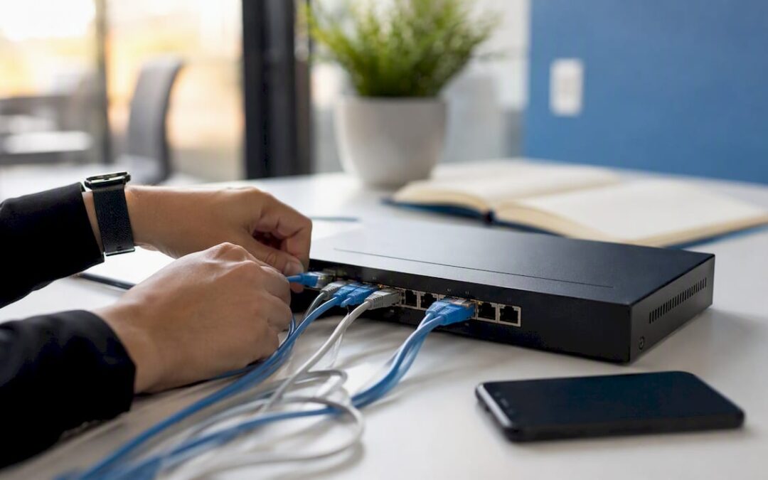 Hands setting up network for email automation