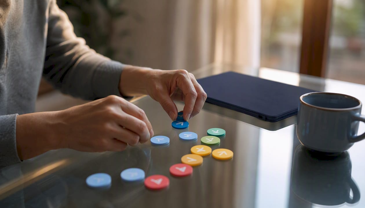 Hands arranging email cadence tokens