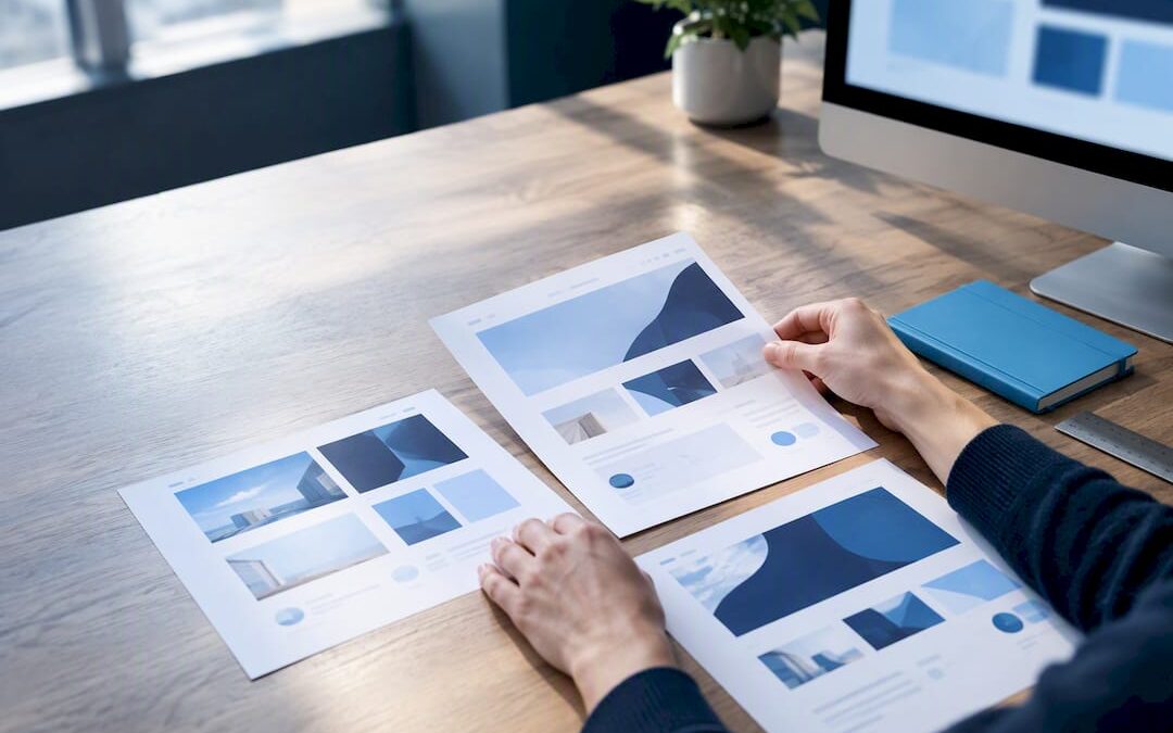 Designer reviewing website redesign layouts